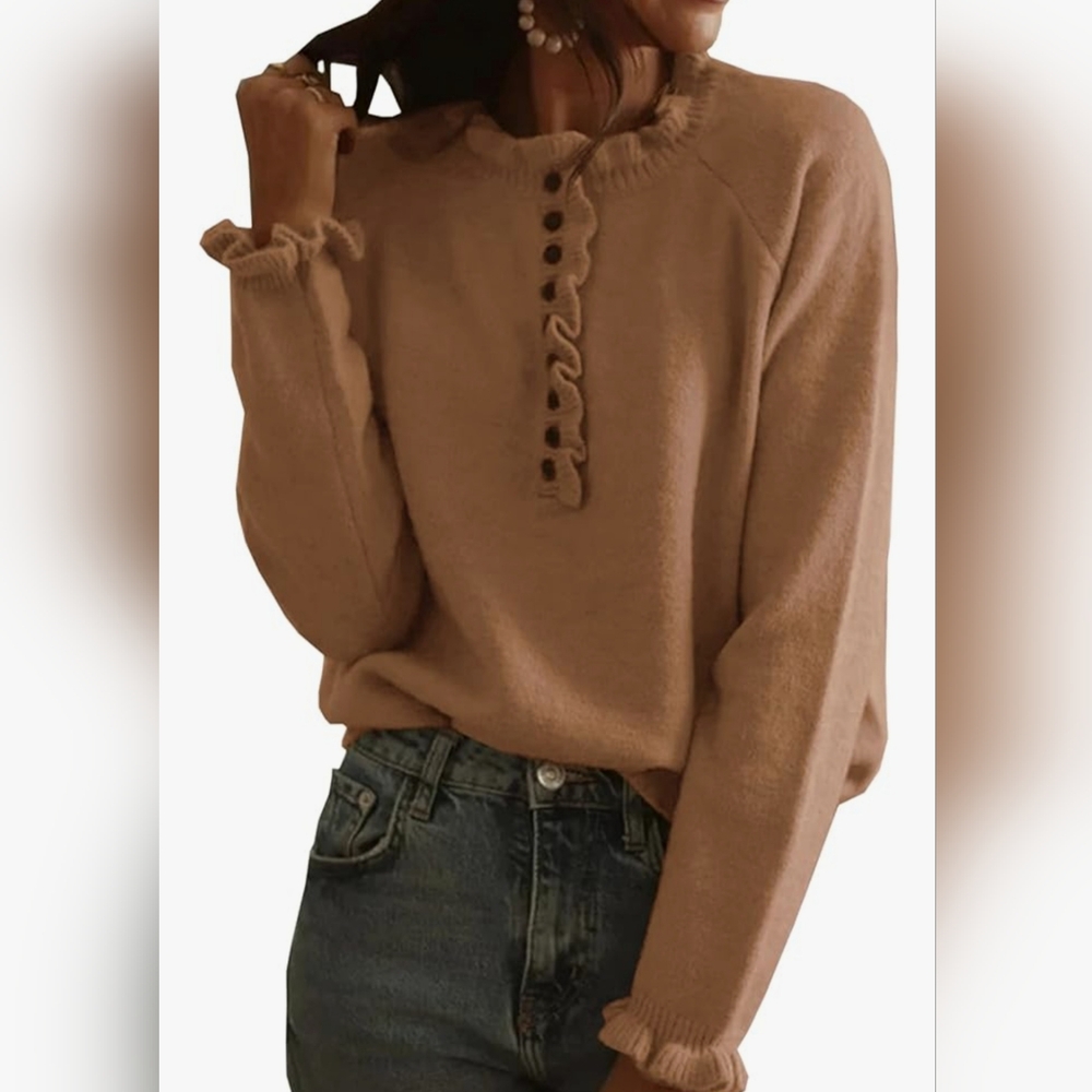 BTFBM Crew Neck Button Down Sweater Ruffle Knit Pullover Sweater Size XL